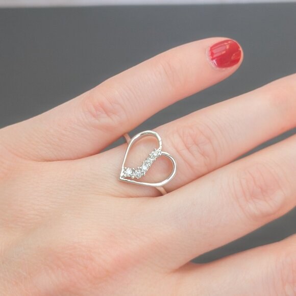 10k White Gold Open Heart Diamond Ring, Size 6.75 - Picture 15 of 16